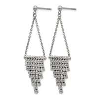 Pair of silver-tone chandelier earrings with chain details and cascading cubic zirconia or crystal stone accents, shown against a white background.