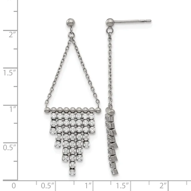 Pair of silver chandelier earrings with chain straps and cascading rectangular tiers of round cubic zirconia stones, shown against a ruler measuring approximately 2 inches in length.