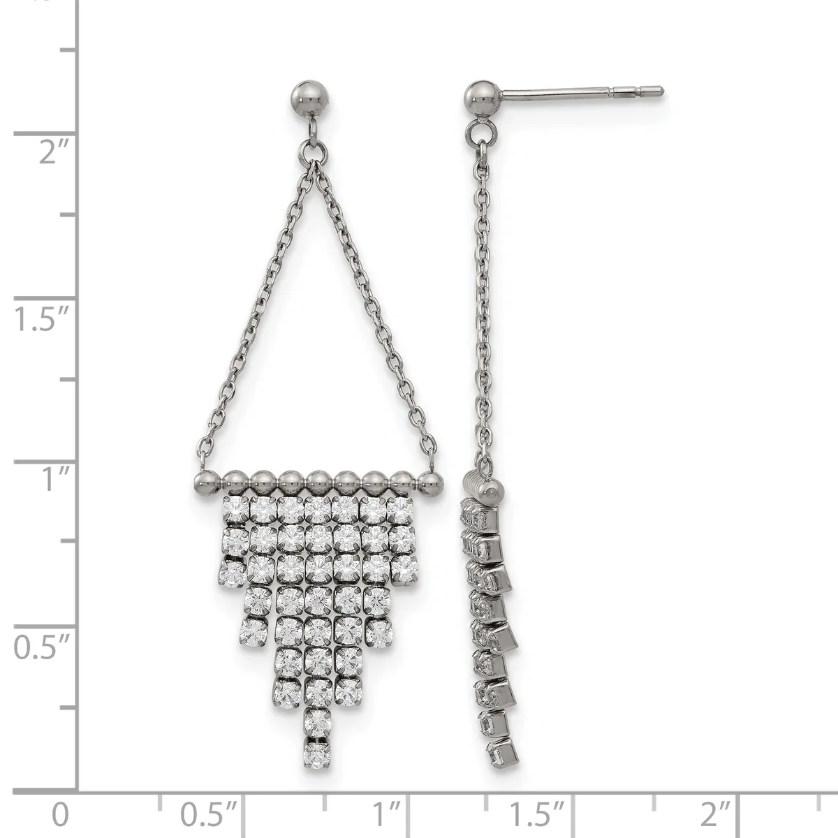 Pair of silver chandelier earrings with chain straps and cascading rectangular tiers of round cubic zirconia stones, shown against a ruler measuring approximately 2 inches in length.