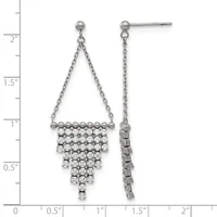 Pair of silver chandelier earrings with chain straps and cascading rectangular tiers of round cubic zirconia stones, shown against a ruler measuring approximately 2 inches in length.