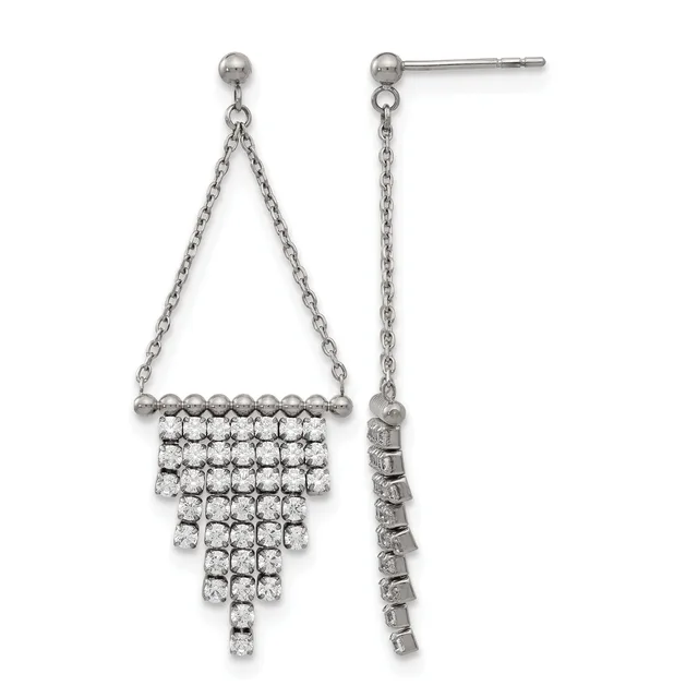 Pair of silver chandelier earrings with chain-link tops, ball studs, and cascading rectangular tiers of round cubic zirconia stones, shown from front and back views.