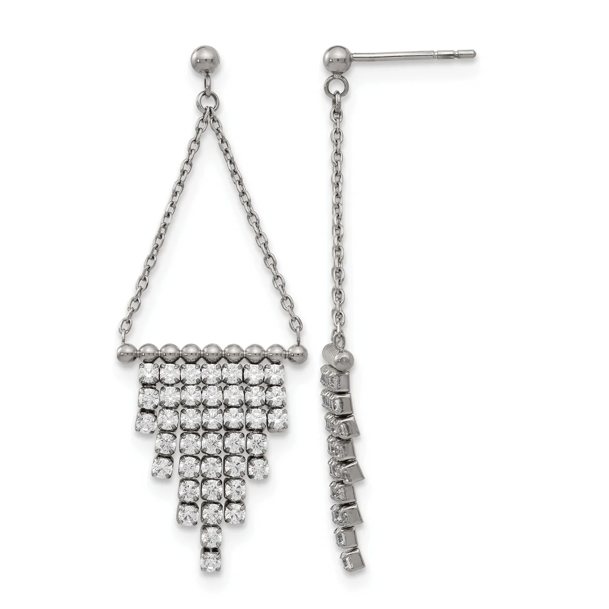 Pair of silver chandelier earrings with chain-link tops, ball studs, and cascading rectangular tiers of round cubic zirconia stones, shown from front and back views.