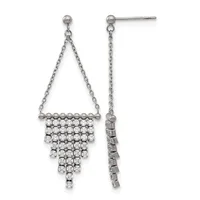 Pair of silver chandelier earrings with chain-link tops, ball studs, and cascading rectangular tiers of round cubic zirconia stones, shown from front and back views.