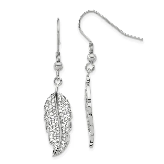 Pair of silver-tone feather-shaped dangle earrings with crystal pave detailing and fish hook ear wires, shown front and back views.