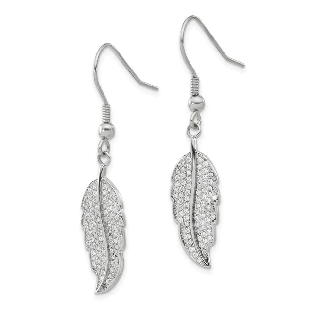 A pair of silver feather-shaped dangle earrings with crystal rhinestone pave settings, suspended from fish hook ear wires.