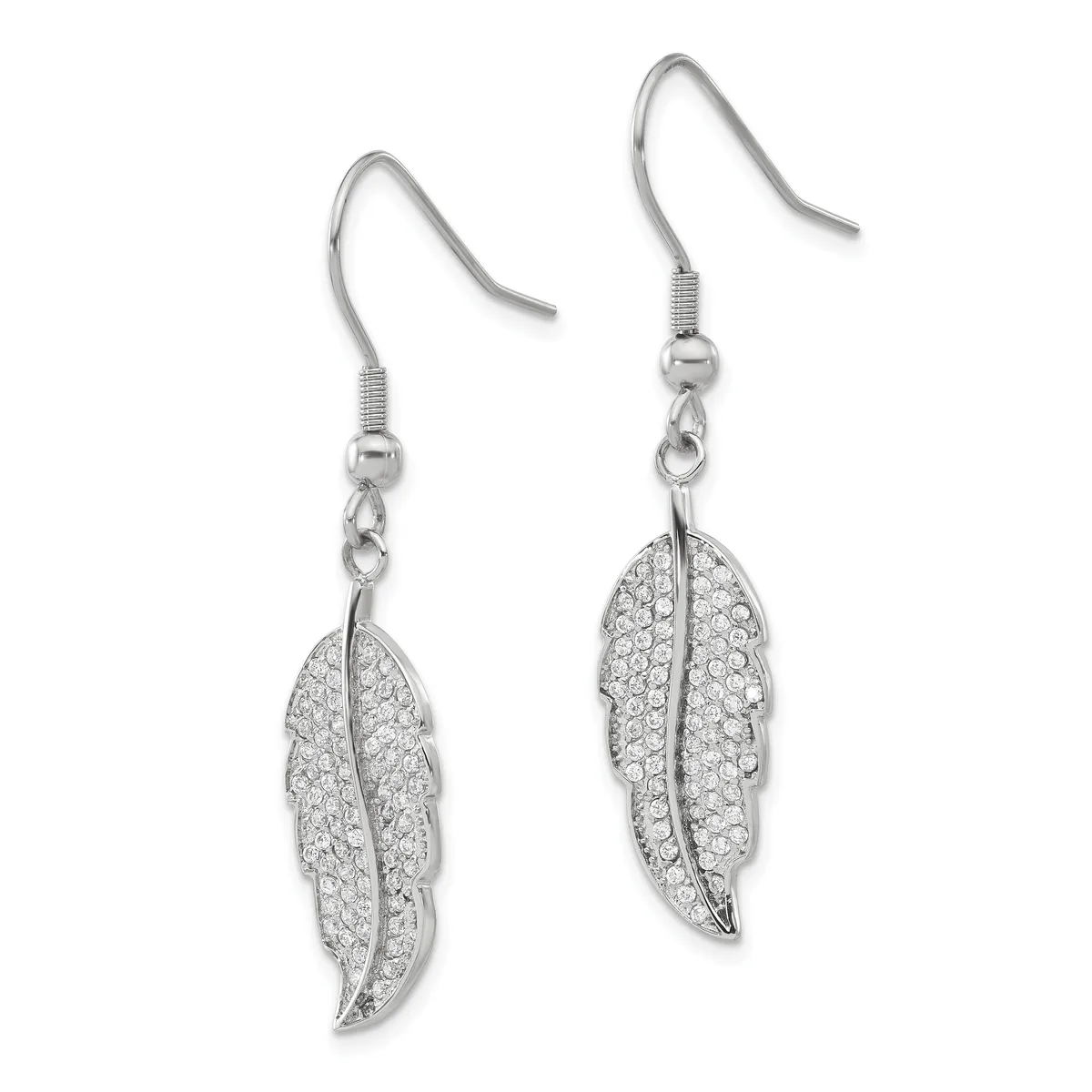 A pair of silver feather-shaped dangle earrings with crystal rhinestone pave settings, suspended from fish hook ear wires.