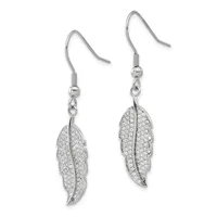 A pair of silver feather-shaped dangle earrings with crystal rhinestone pave settings, suspended from fish hook ear wires.