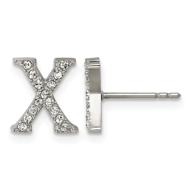A pair of X-shaped stud earrings with round cubic zirconia stones set in white metal, shown from front and side views with post and clutch backs.