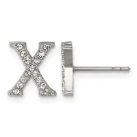 A pair of X-shaped stud earrings with round cubic zirconia stones set in white metal, shown from front and side views with post and clutch backs.