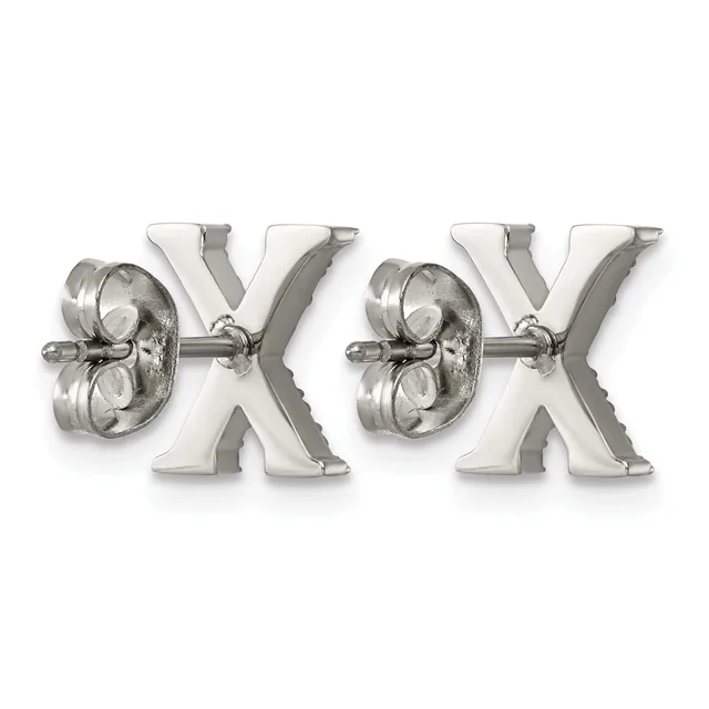 Pair of silver stud earrings shaped like the letter X with round dome tops featuring a textured floral or geometric pattern.