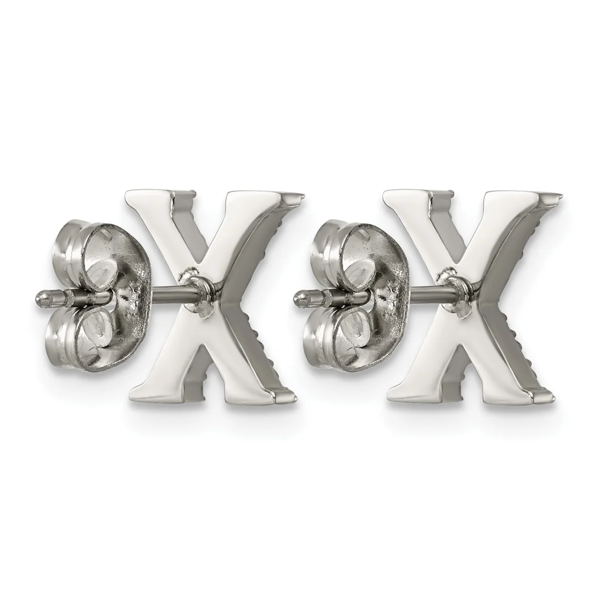 Pair of silver stud earrings shaped like the letter X with round dome tops featuring a textured floral or geometric pattern.