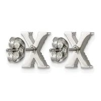 Pair of silver stud earrings shaped like the letter X with round dome tops featuring a textured floral or geometric pattern.
