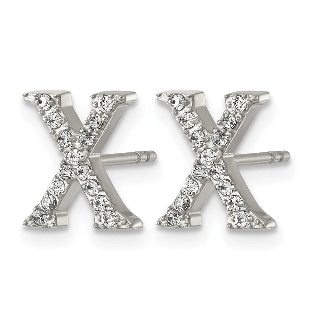 A pair of silver stud earrings shaped like the letter X, each densely set with round cubic zirconia stones, displayed against a white background.
