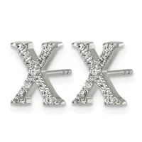 A pair of silver stud earrings shaped like the letter X, each densely set with round cubic zirconia stones, displayed against a white background.