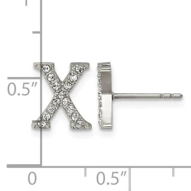 Pair of diamond stud earrings shaped like the letter X, set in white metal with measurement scale showing approximately 0.5 inch width.