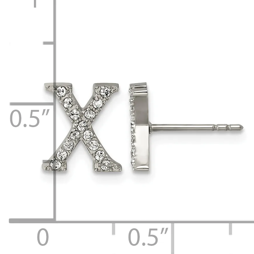 Pair of diamond stud earrings shaped like the letter X, set in white metal with measurement scale showing approximately 0.5 inch width.