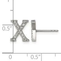Pair of diamond stud earrings shaped like the letter X, set in white metal with measurement scale showing approximately 0.5 inch width.