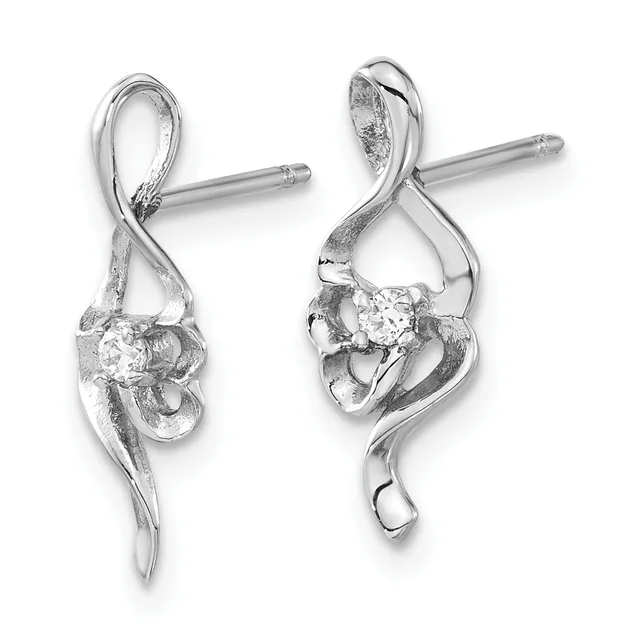 Pair of silver drop earrings with twisted ribbon-like designs and round diamond or crystal stones, shown from front and back views.