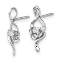Pair of silver drop earrings with twisted ribbon-like designs and round diamond or crystal stones, shown from front and back views.