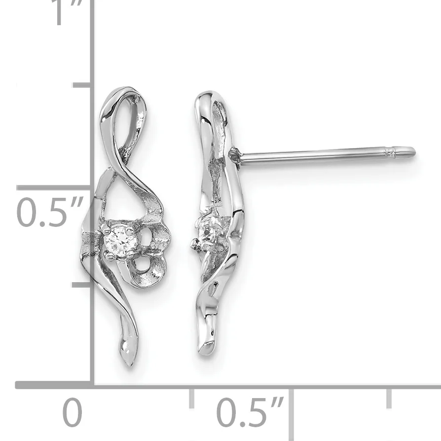 Pair of silver twist earrings with round cubic zirconia stones and post backs, shown next to a measurement scale indicating approximately half an inch in length.