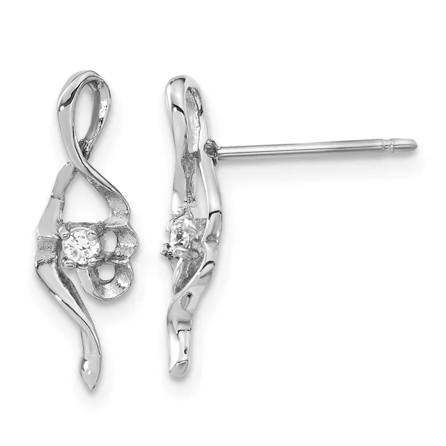 Pair of silver drop earrings with twisted infinity loop design featuring round diamond centers, shown from front and side views on posts with backings.