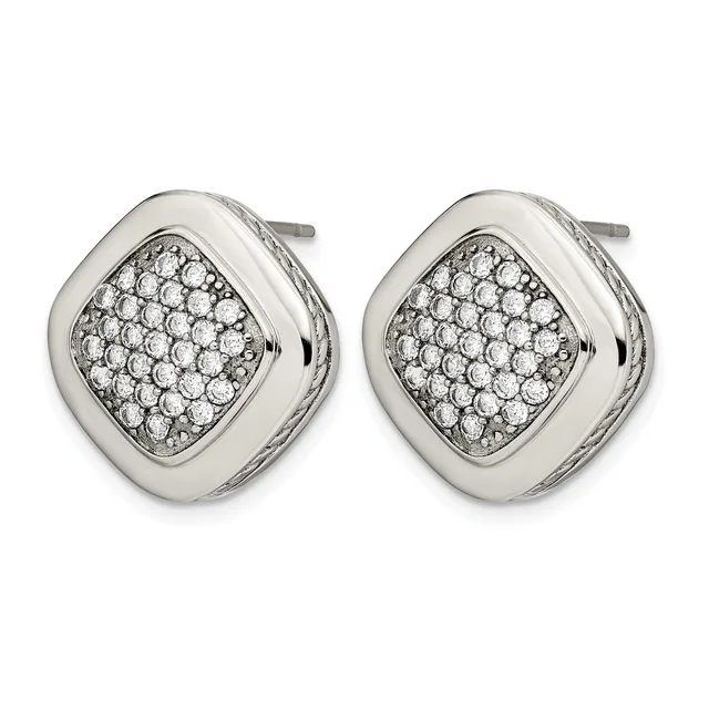Pair of silver-toned cushion-shaped stud earrings with pave-set round diamonds, shown from the front.