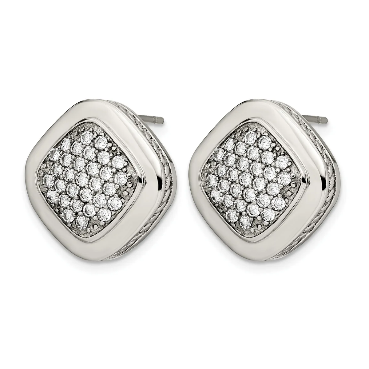 Pair of silver-toned cushion-shaped stud earrings with pave-set round diamonds, shown from the front.