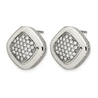 Pair of silver-toned cushion-shaped stud earrings with pave-set round diamonds, shown from the front.