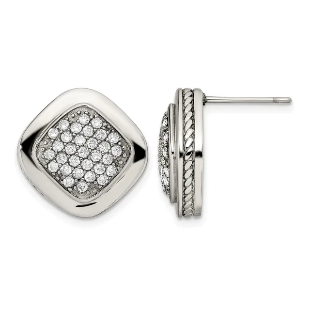 Pair of silver stud earrings with cushion-shaped faces paved with round diamonds and textured rope-pattern borders, shown from front and side views.