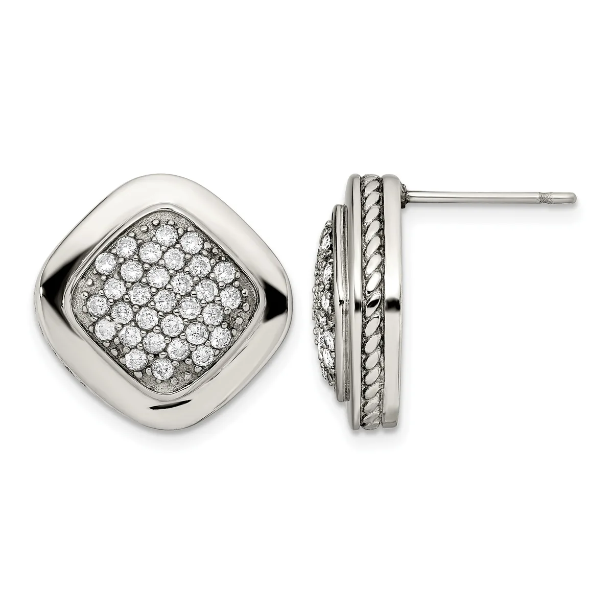 Pair of silver stud earrings with cushion-shaped faces paved with round diamonds and textured rope-pattern borders, shown from front and side views.