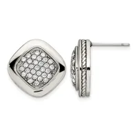 Pair of silver stud earrings with cushion-shaped faces paved with round diamonds and textured rope-pattern borders, shown from front and side views.