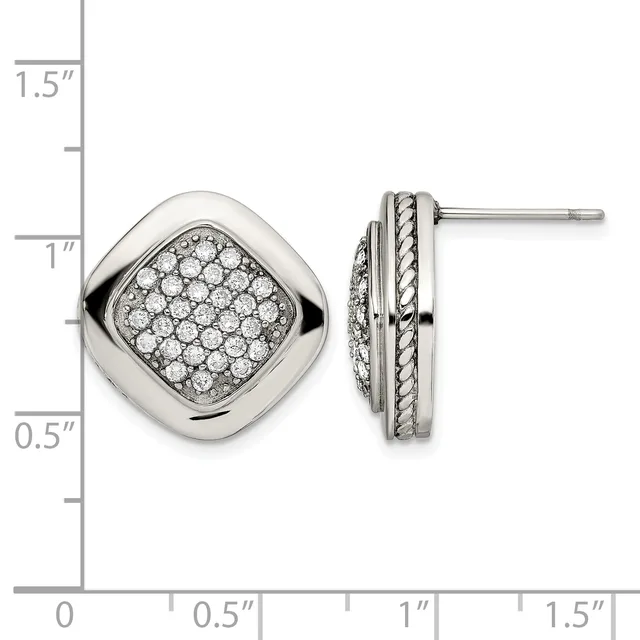 Pair of silver-toned square stud earrings with rounded edges, paved with small round diamonds, shown front and side view against a measurement scale.