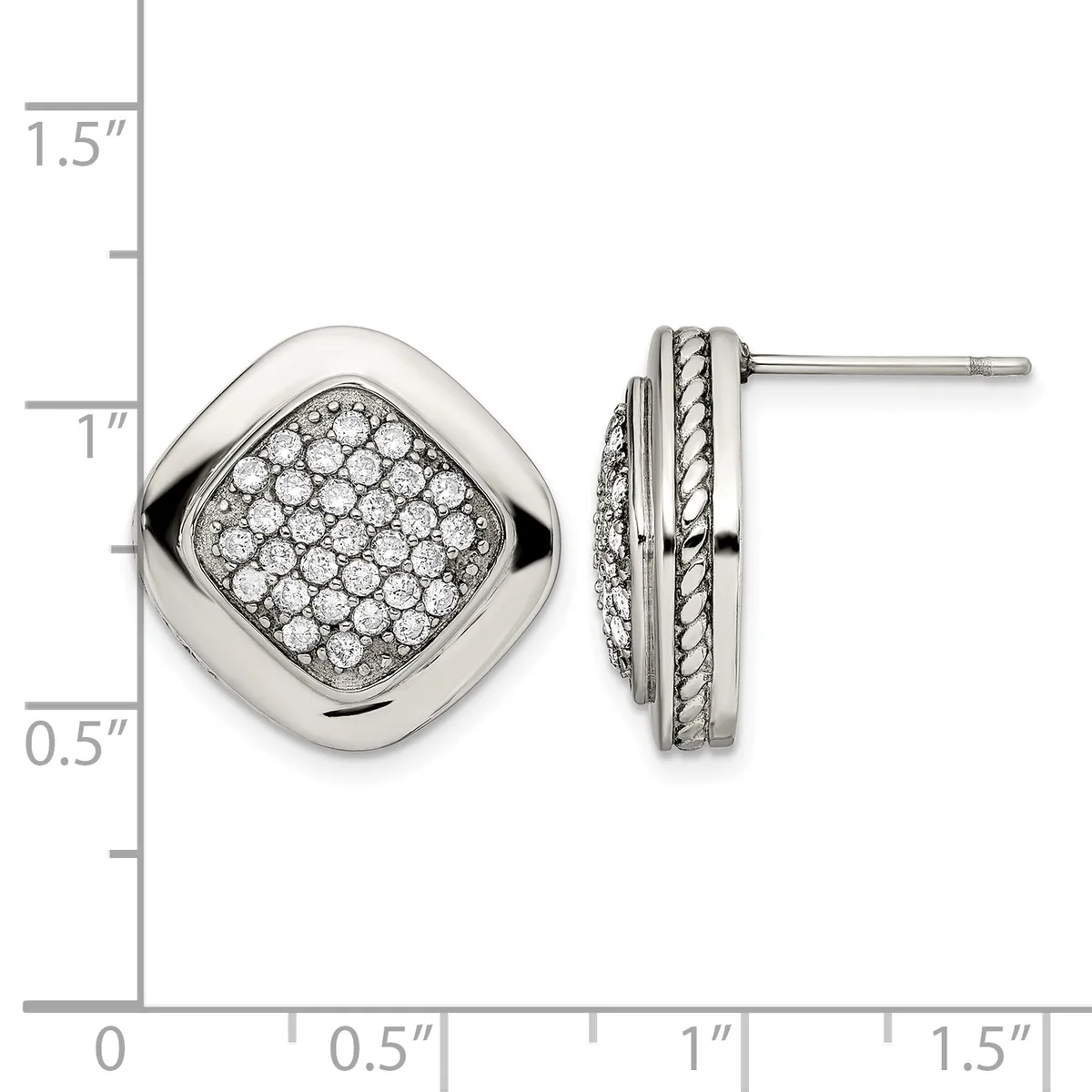 Pair of silver-toned square stud earrings with rounded edges, paved with small round diamonds, shown front and side view against a measurement scale.