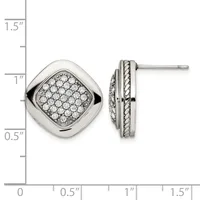 Pair of silver-toned square stud earrings with rounded edges, paved with small round diamonds, shown front and side view against a measurement scale.