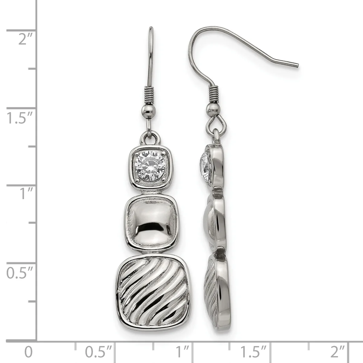 A pair of silver-toned dangle earrings with three stacked square charms: a faceted crystal top, polished middle section, and diagonal striped bottom, shown against a measurement ruler.