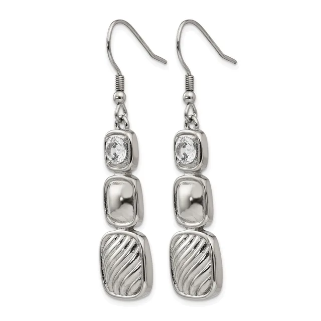 A pair of silver-toned dangle earrings with fish hook closures, each featuring three stacked rectangular elements: a faceted crystal stone at top, a polished dome in the middle, and a textured striped oval at the bottom.