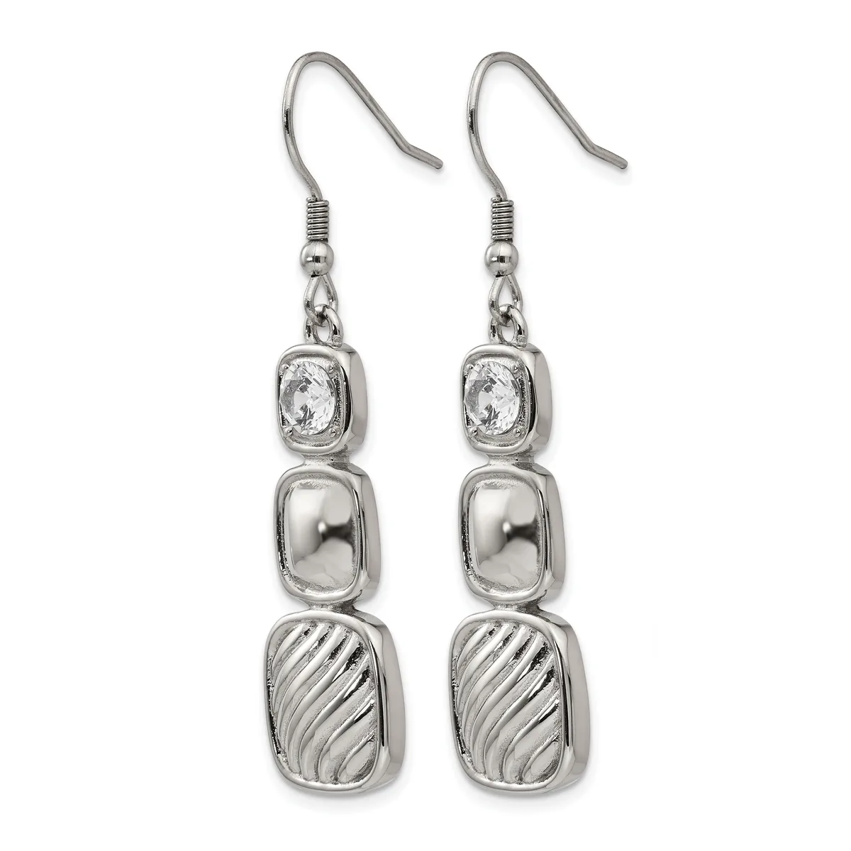A pair of silver-toned dangle earrings with fish hook closures, each featuring three stacked rectangular elements: a faceted crystal stone at top, a polished dome in the middle, and a textured striped oval at the bottom.