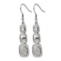 A pair of silver-toned dangle earrings with fish hook closures, each featuring three stacked rectangular elements: a faceted crystal stone at top, a polished dome in the middle, and a textured striped oval at the bottom.