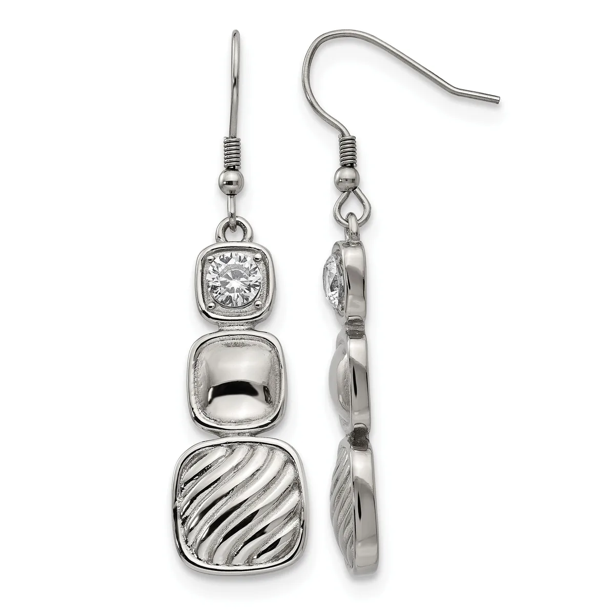 Pair of silver dangle earrings with three stacked square elements: a cubic zirconia stone top, polished silver middle, and textured striped bottom, shown front and back.