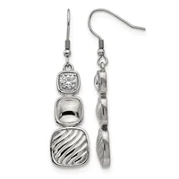 Pair of silver dangle earrings with three stacked square elements: a cubic zirconia stone top, polished silver middle, and textured striped bottom, shown front and back.