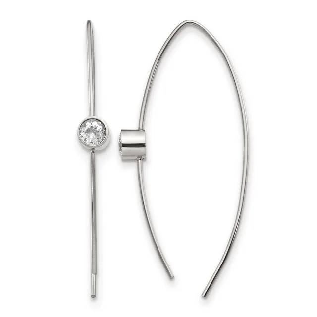 A pair of sterling silver threader earrings with a single round cubic zirconia stone set in a bezel on one end and long, thin wire posts that thread through pierced ears.