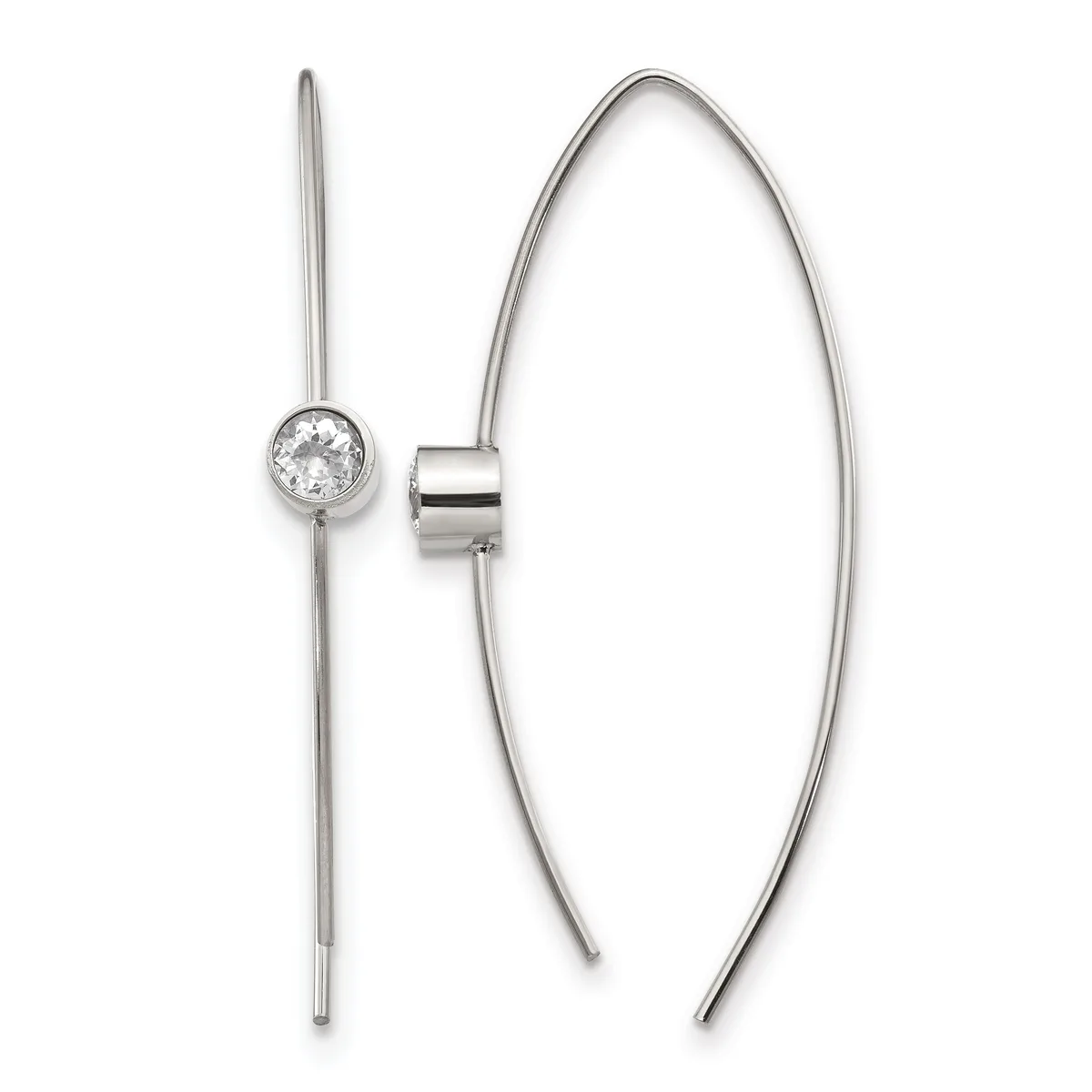A pair of sterling silver threader earrings with a single round cubic zirconia stone set in a bezel on one end and long, thin wire posts that thread through pierced ears.