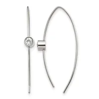 A pair of sterling silver threader earrings with a single round cubic zirconia stone set in a bezel on one end and long, thin wire posts that thread through pierced ears.