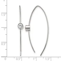 Two silver earrings displayed against a ruler showing measurements up to 2 inches: one linear drop earring with a round faceted stone at top, and one curved open hoop earring with a cylindrical connector.