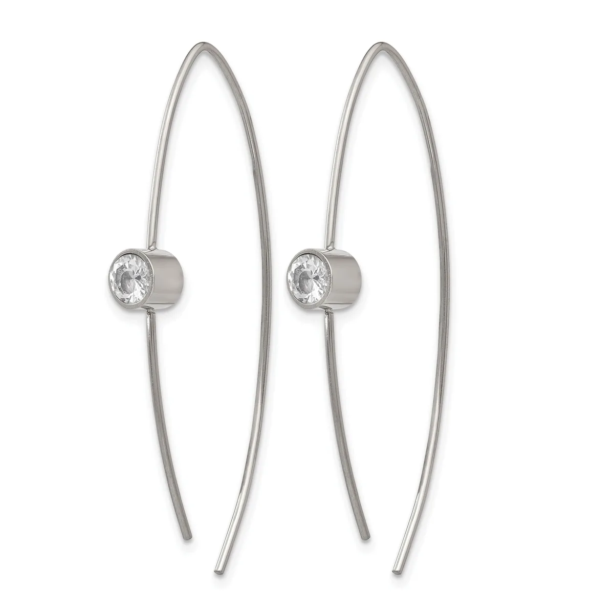 Pair of silver-toned threader earrings with elongated curved wires and round faceted cubic zirconia stones set in cylindrical bezels.