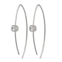 Pair of silver-toned threader earrings with elongated curved wires and round faceted cubic zirconia stones set in cylindrical bezels.
