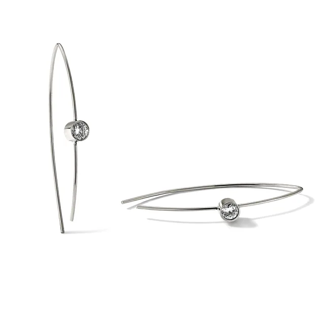 Two silver wire earrings with small round faceted gemstones, one pair with long curved threader wires and one pair with shorter curved hoop wires.