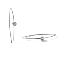 Two silver wire earrings with small round faceted gemstones, one pair with long curved threader wires and one pair with shorter curved hoop wires.