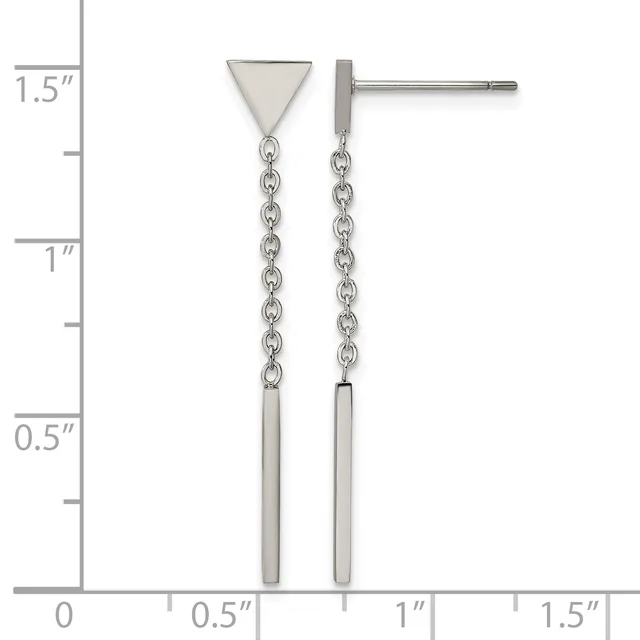 Pair of silver-tone stud earrings with triangular tops, chain drops, and rectangular bar pendants, shown against a measurement scale indicating approximately 1.5 inches in length.