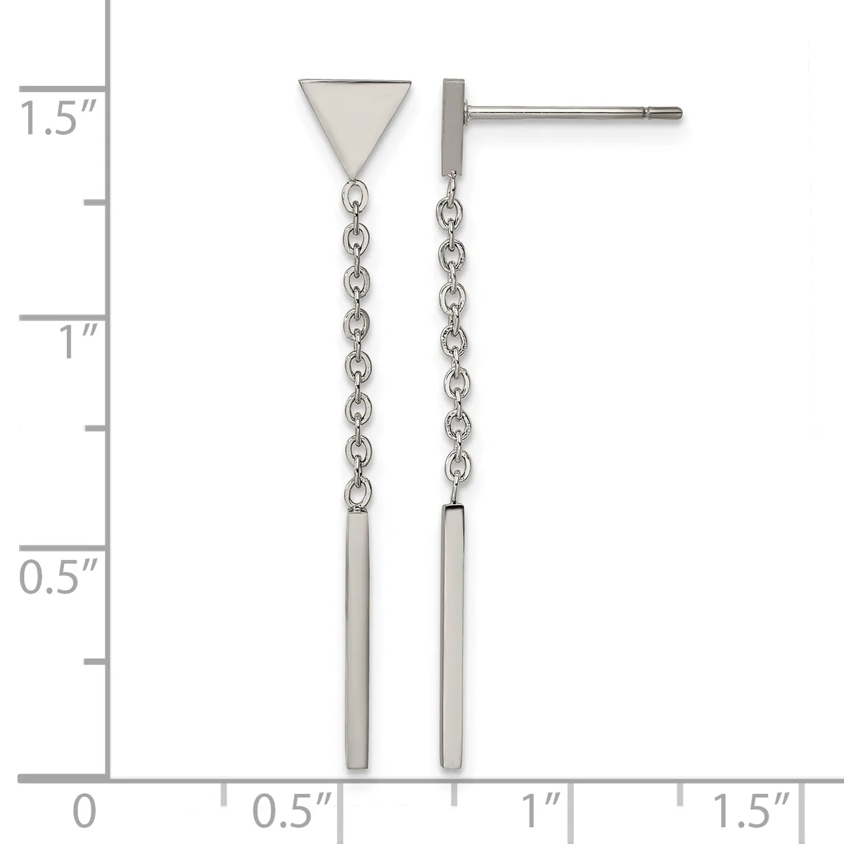 Pair of silver-tone stud earrings with triangular tops, chain drops, and rectangular bar pendants, shown against a measurement scale indicating approximately 1.5 inches in length.